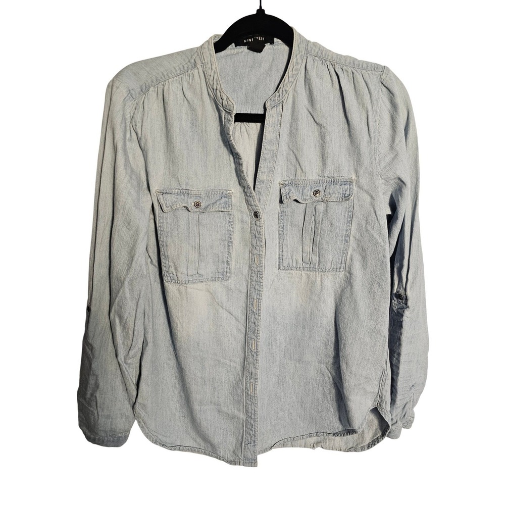 Nine West Denim Chambray Shirt Women Long Sleeve Collarless Button Up Small